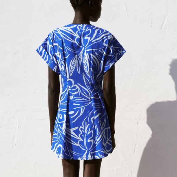 Zara blue cotton printed pleated mini dress - Picture 3 of 11